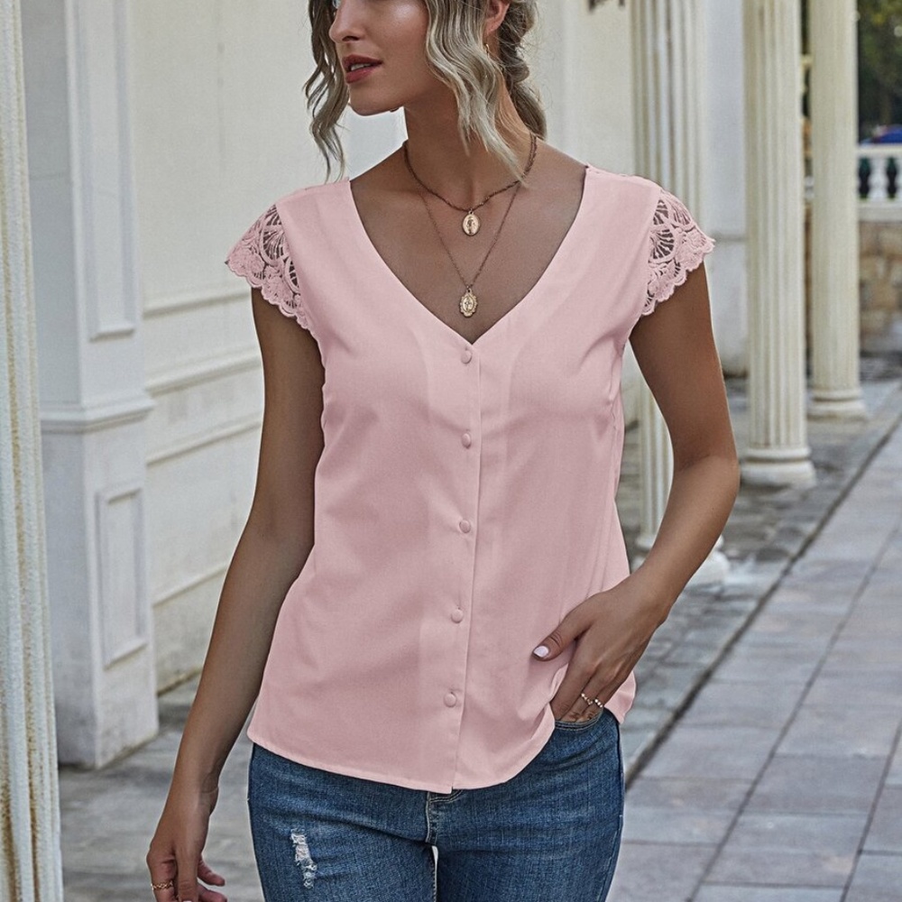 black v neck button down lace Floral Top - Picture 10 of 15